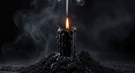 Moody black candle burning with heavy smoke on a dark background. Gothic concept of magic, ritual, or remembrance.