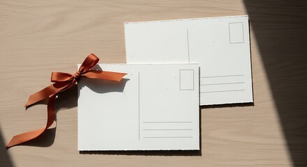 Blank Wedding Postcards with Brown Satin Ribbon on Wooden Surface – Elegant Stationery Mockup for Invitations or Messages
