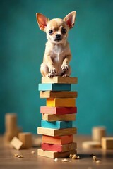 Hilarious Chihuahua Balancing Act Tiny Dog on Jenga Blocks, White Background