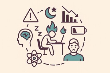Visual representation of mental fatigue and burnout showcasing stress indicators like low energy battery graph and emotional unease while depicting struggle in modern productivity landscape