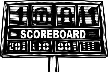 Scoreboard Display: A black and white depiction of a scoreboard displaying the score of the game, highlighting the final result.