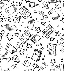 Doodle Pattern of Books, study, Lightbulbs, Magnifying Glasses, and Stars on White Background