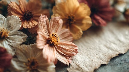 Close up macro view of delicate dried cosmos flowers in muted autumn colors on textured paper