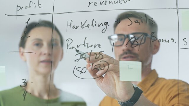 Business professionals reviewing marketing data, sales metrics, and partnership insights on transparent board, collaborating with sticky notes in modern workplace setting