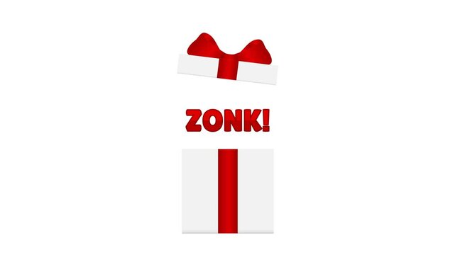 Zonk surprise gift box open animation with red ribbon and wave line motion on white background and green screen. 4K animated white gift box for zonk reward, giveaway prank, and funny motion graphics.