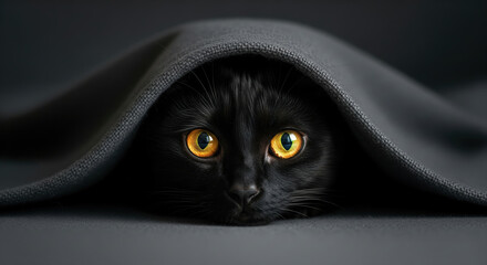 Mysterious black cat with intense yellow eyes hiding under a grey blanket.