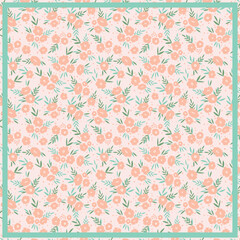 Print for kerchief, bandana, scarf, handkerchief, shawl, neck scarf. Squared pattern with ornament for fabric, textile, silk products. Paisley vector with abstract flowers. Floral folk tracery.