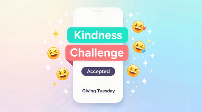 Digital illustration of a social media challenge screen displaying “Kindness Challenge Accepted” with floating emojis, soft gradient background, Giving Tuesday concept.