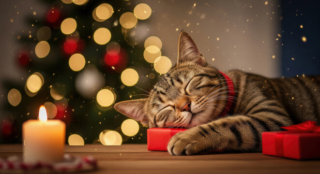 Cute tabby cat sleeping peacefully by a candle and a Christmas gift. - Powered by Adobe