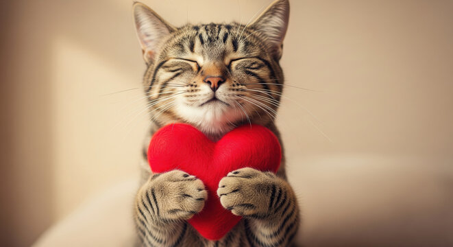 Happy tabby cat with closed eyes hugging a red plush heart. Concept of love and Valentine's Day.