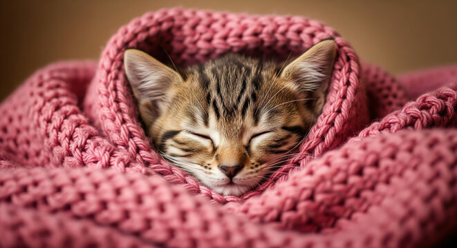 Adorable sleeping tabby kitten wrapped snugly in a cozy pink knitted blanket.