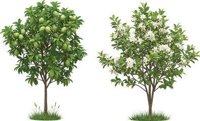 Green fruit tree, white blossom tree, botanical contrast, seasonal bloom, nature landscape, vibrant foliage, tropical garden, dual tree composition, outdoor vegetation © Shariyar Pantho