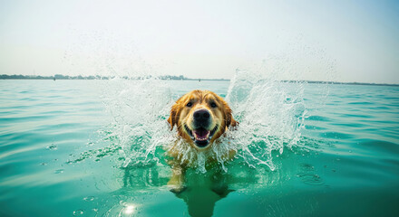 Happy Golden Retriever dog splashing and swimming in the water. Concept of summer fun and active pets on vacation.