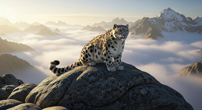 Majestic snow leopard sitting on a mountain peak high above the clouds at sunrise.