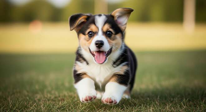 Happy tricolor Corgi puppy running on green grass in a park. Concept of a playful and energetic pet outdoors.