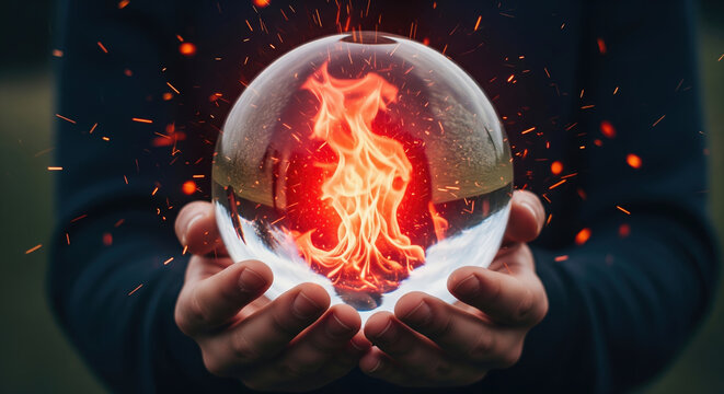 Hands holding a crystal ball with a fire burning inside and sparks flying. Concept of magic, power, and passion.