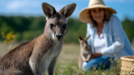 Fototapeta premium Defocused park visitor in sunhat with focused majestic macropod mother displaying maternal care in meadow, with copy space