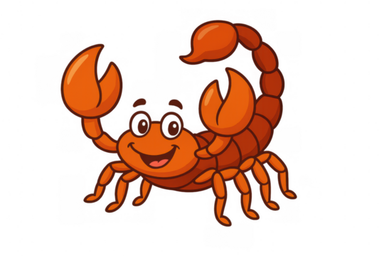 Orange cartoon scorpion character wearing glasses and smiling, a friendly arachnid illustration with transparent background