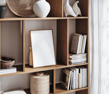Mockup frame in Scandinavian living room interior background, 3d render