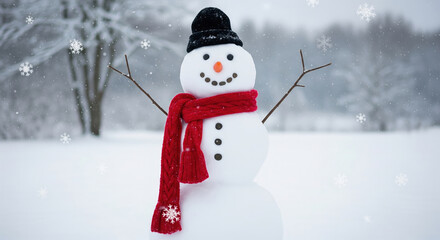 Fototapeta premium Cheerful snowman with a black hat and red scarf standing in a winter snow scene. Christmas and holiday concept.