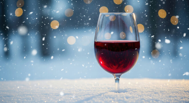 A glass of red wine resting in the snow during a snowfall with festive bokeh lights. Concept of a magical winter holiday.