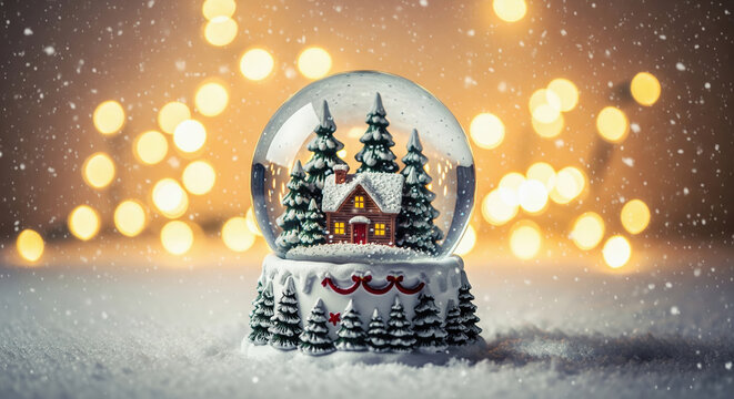 Christmas snow globe with a cozy log cabin scene inside, set in snow with golden bokeh lights. A magical holiday decoration.
