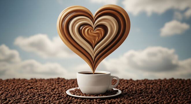 A heart shape made from coffee and cream rises from a cup. Concept of love for coffee, romance, and Valentine's Day.