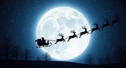 Silhouette of Santa Claus with reindeer and sleigh flying across a starry night sky in front of a full moon. Concept of Christmas magic and holiday tradition.