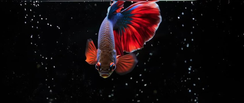 The beauty of a Siamese fighting fish (Betta) with its graceful, flowing fins in super slow motion. Dramatic dark background highlights its vibrant colors.