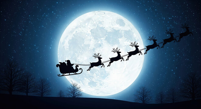 Silhouette of Santa Claus with reindeer and sleigh flying across a starry night sky in front of a full moon. Concept of Christmas magic and holiday tradition.