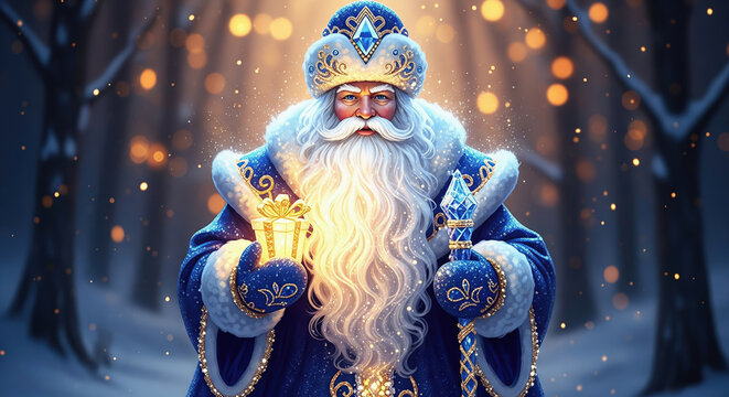 Portrait of Ded Moroz, the Slavic Father Frost, in a traditional blue coat holding a glowing gift and crystal staff in a snowy forest with bokeh lights.