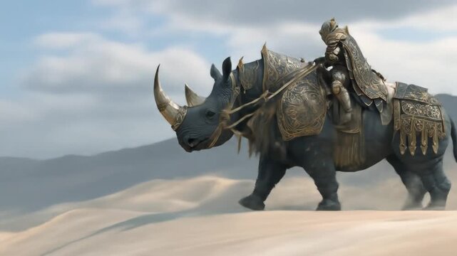 Armored knight rides a rhino across a desert landscape