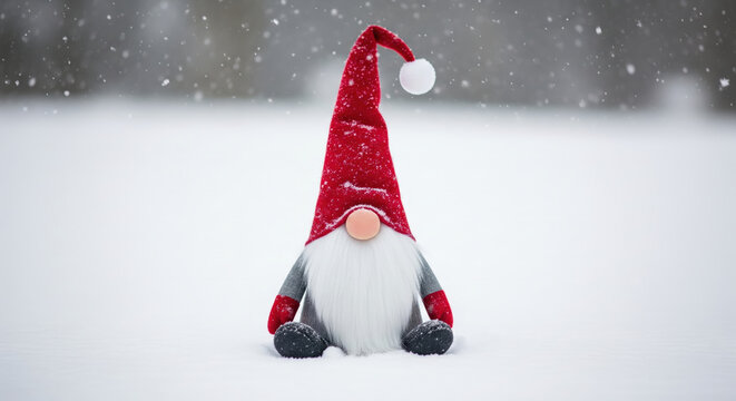 Scandinavian Christmas gnome or tomte figurine with a red hat sitting alone in a snowy winter landscape during a snowfall.