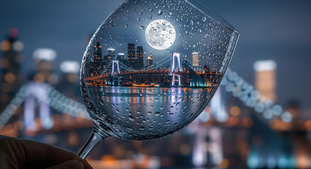 A hand holds a wine glass reflecting the Tokyo skyline and a full moon at night. A creative travel and city nightlife concept.