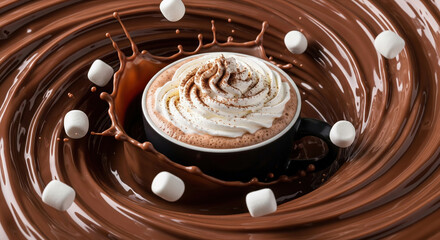 A black mug of hot chocolate with whipped cream in a dynamic swirl of liquid chocolate with floating marshmallows.