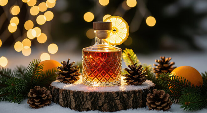 A crystal bottle of whiskey sits on a wood slice in the snow, garnished with a lemon, surrounded by pinecones and fir branches with festive bokeh lights.