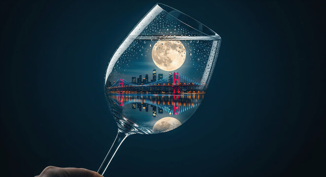 A wine glass held up against a dark background shows a clear reflection of the Tokyo city skyline and a full moon at night. - Powered by Adobe