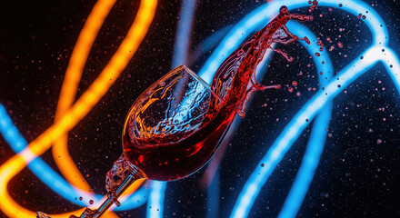 Red wine splashing from a glass with dynamic blue and orange neon light trails on a dark background. Concept of a party or celebration.