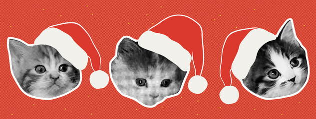 Santa's kitties with drawn hats halftone retro minimalist collage. Creative winter holidays banner for ads, promotions and decorations © Kristina Yu