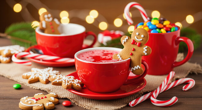 A festive gingerbread man cookie relaxing in a red mug of hot chocolate, surrounded by candy canes and Christmas lights.