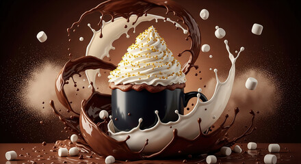 Indulgent hot chocolate with whipped cream and a dynamic splash of chocolate and milk. A decadent dessert beverage in a black mug.