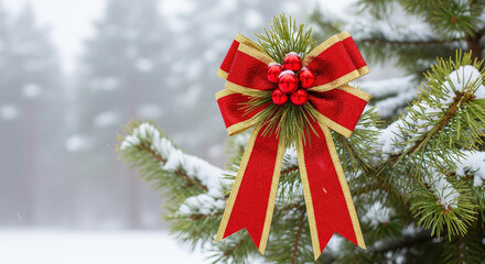 A festive red and gold Christmas bow on a snow-covered pine tree branch. A beautiful winter holiday background with falling snow.