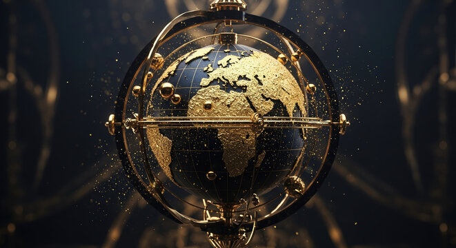 A luxurious gold and blue globe armillary sphere on a dark background. Concept of global business, finance, and world connection.
