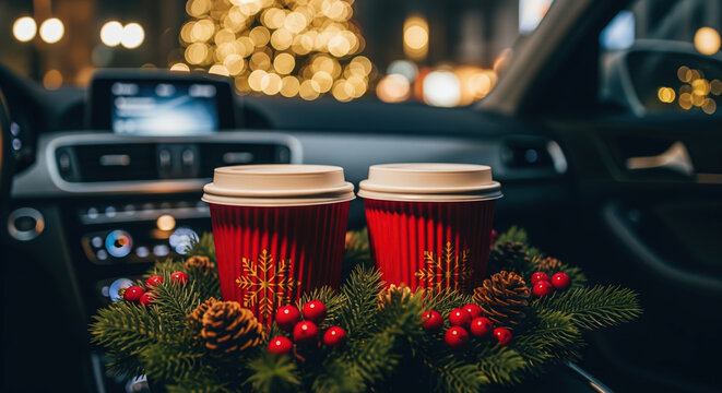 Two takeaway coffee cups in a festive wreath inside a car at night. A cozy Christmas date concept with blurry city lights.
