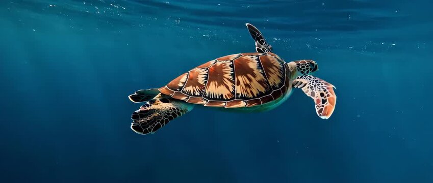 A majestic green sea turtle swims gracefully and peacefully in crystal clear blue water. Sun rays penetrate the surface, creating a serene, beautiful scene.