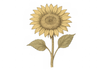 Vintage sunflower drawing with green leaves, botanical illustration in warm tones, transparent background design
