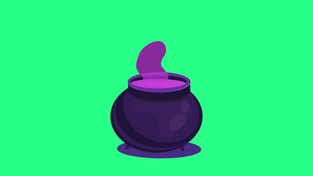 A glossy purple cauldron sits on a soft shadow against a bright lime-green background. vivid glow, video loops,  green screen, 4k, footage, 4k footage, videos, video clip, slow motion, video wallpaper