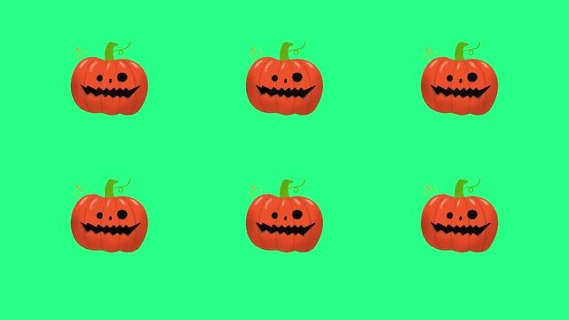 Nine orange jackolantern pumpkins with carved faces arranged in a 3x3 grid, on a green background, video loops,  green screen, 4k, footage, 4k footage, videos, video clip, slow motion, video wallpaper
