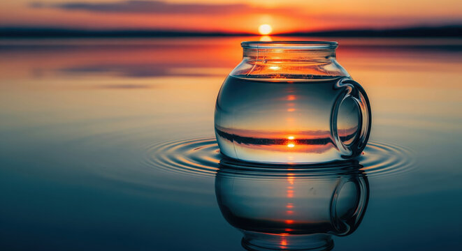 A glass jar in calm water reflecting a vibrant sunset. A serene and peaceful concept of clarity, purity, and environmental harmony.