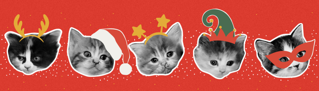 Adorable little kittens wearing Christmas party accessories cut out collage. Christmas and New year eve banner with halftone effect and naive elements